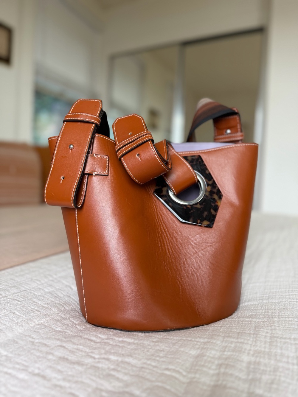 Ganni Tan Leather Bucket Satchel with Tortoiseshell Accent
